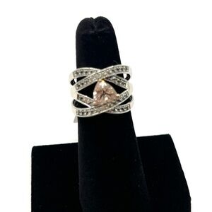 Ring Pink - Clear Quartz Anniversary or Wedding Band  size 6 Sterling Silver 925